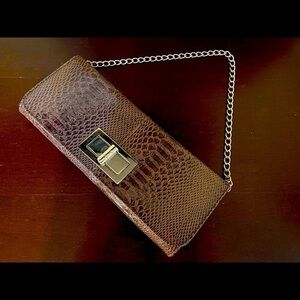 Brown Faux Patent Leather Snake Print Clutch with Chain Strap